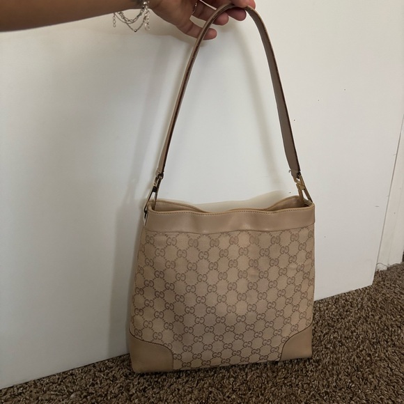 Gucci Handbags - Gucci Beige GG Supreme Canvas Shoulder Bag with Tan Strap